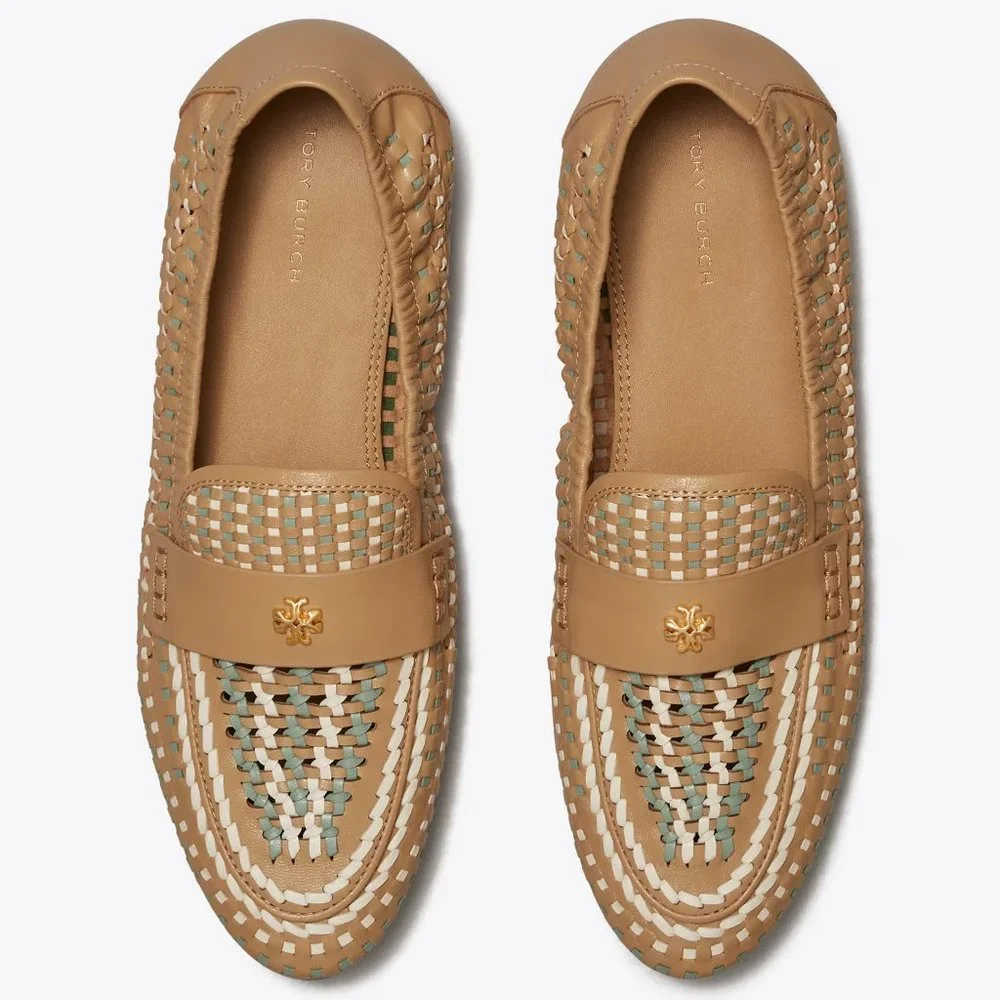 Tory Burch $348 Woven Ballet Loafer Flats Tan Blue SUPER COMFY!